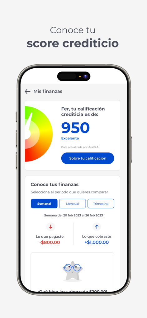 BGR Digital - Pantalla de smartphone mostrando el puntaje de crédito de la aplicación BGR Digital y el resumen financiero semanal
