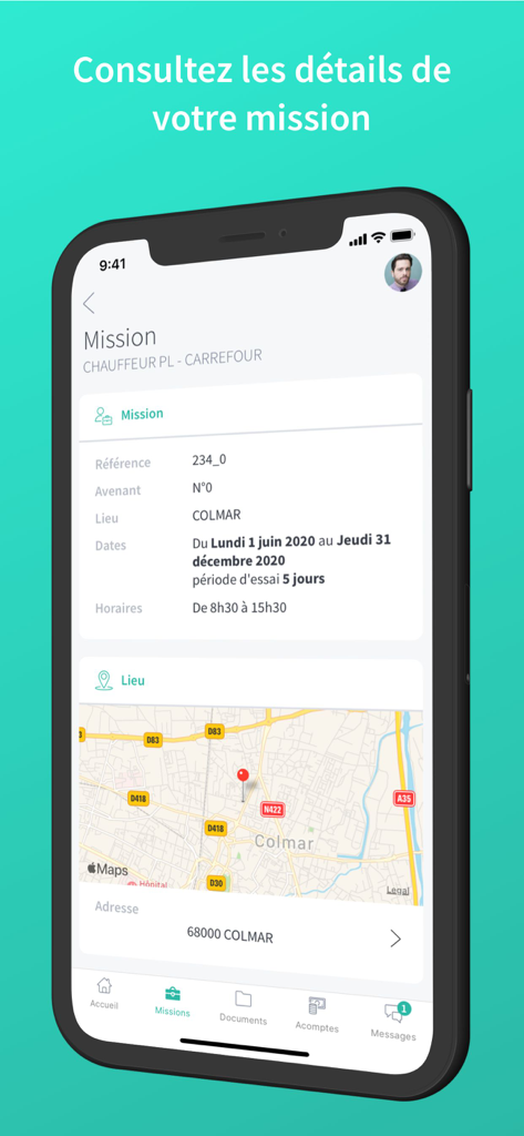 Armado - Interface of the Armado app showing temporary staffing job details with location map and work schedule