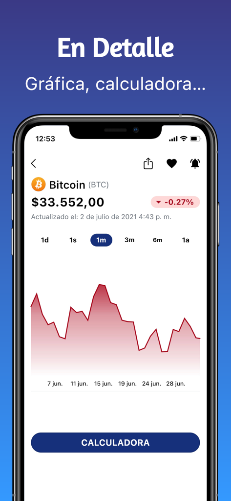 Gráfico de precios de Bitcoin y detalles de criptomonedas en la app Dólar Venezuela