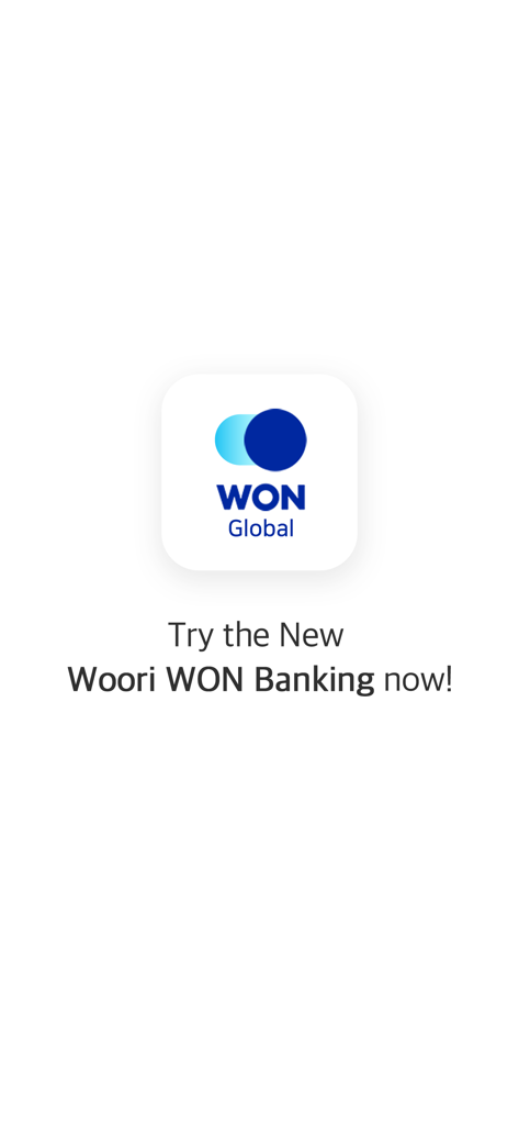 Global Woori WON Banking app introduction screen with brand logo and welcome message
