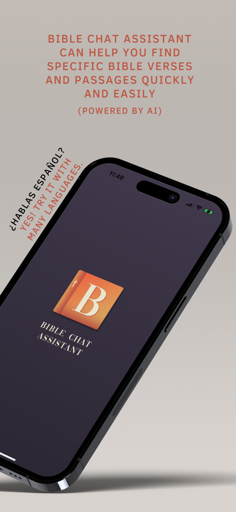 Bible Chat Assistant - Tela de apresentação do aplicativo Assistente de Chat Bíblico destacando a pesquisa de versículos bíblicos com IA e suporte a vários idiomas.