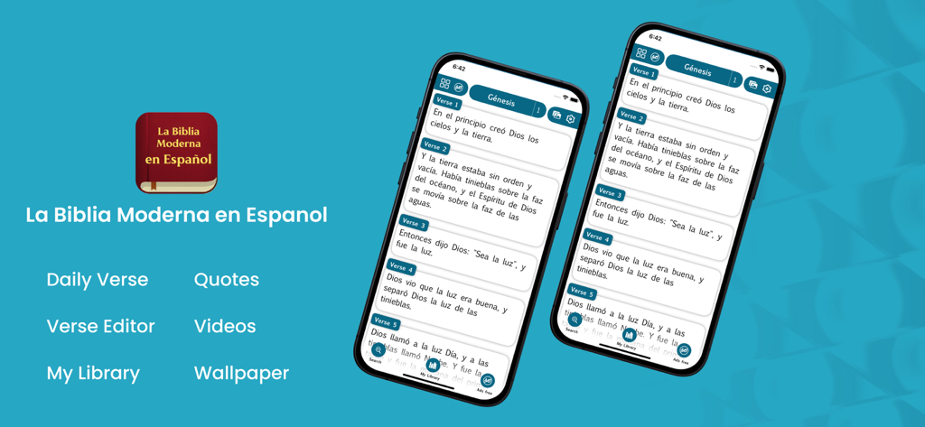The Modern Bible in Spanish. - Interfaz de la app La Biblia Moderna en Español mostrando versículos bíblicos y características principales como el versículo diario y la biblioteca.