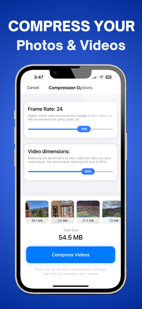 VidRecover app screenshot showing settings to compress photos and videos for saving storage space.
