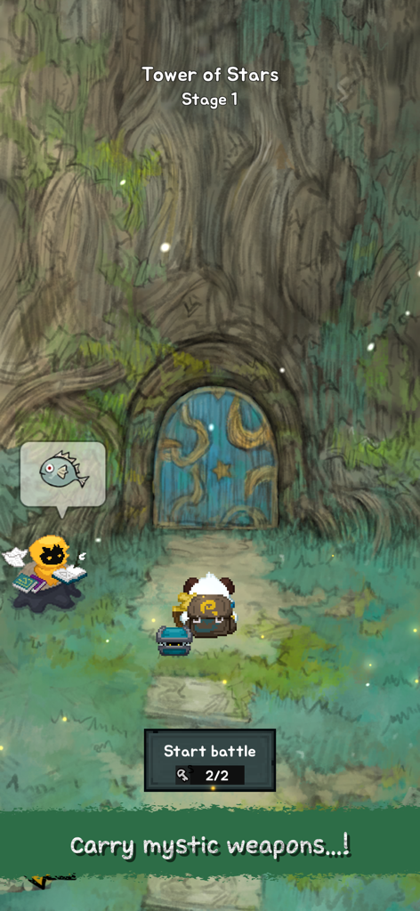 Pompo: Backpack Heroes - Pompo the bear standing in front of the Tower of Stars entrance ready to start a battle.