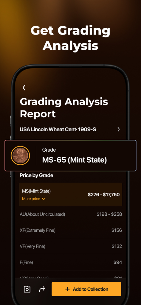 Mobile app screen showing a professional grading analysis report for a 1909-S Lincoln Wheat Cent with estimated market values.