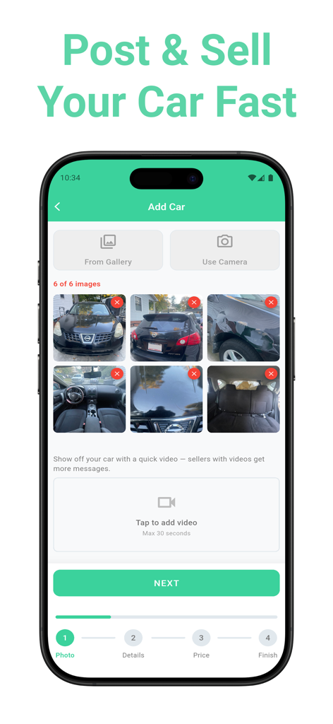 Interface of the Car Trader app showing the steps to upload photos and list a car for sale