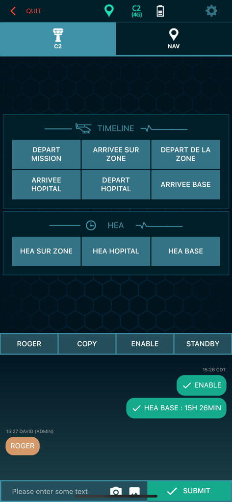 Helitracking app mission control interface with status buttons and communication log.