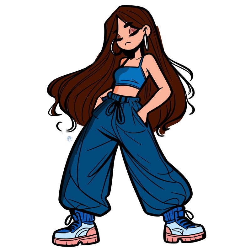 girl in baggy pants crop top and long hair