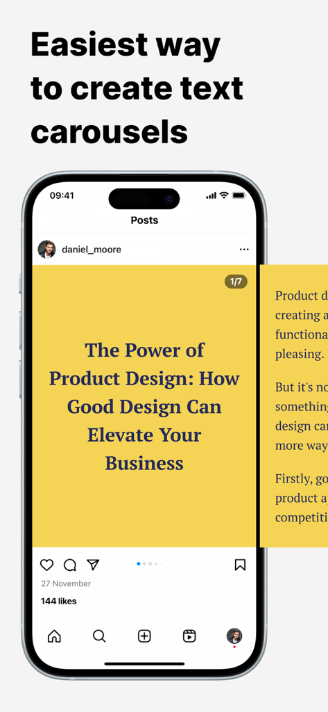 Uma interface de aplicativo móvel exibindo um post de carrossel de texto para o Instagram sobre design de produtos
