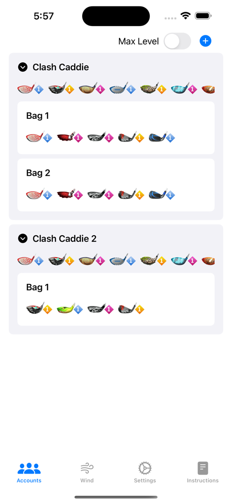 Clash Caddie - Interfaz de Clash Caddie mostrando la gestión de múltiples cuentas y bolsas de palos de Golf Clash