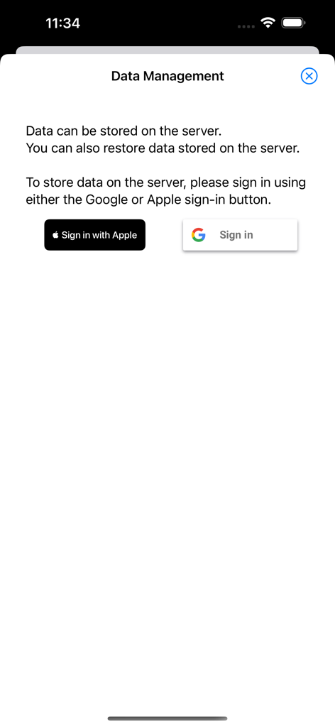 レシピ計算機 - Recipe Calculator data management screen with Apple and Google sign in buttons for cloud storage.