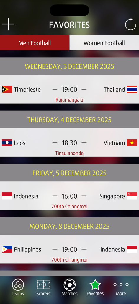 Scores for SEA Games 2025 - Favorites screen of the SEA Games 2025 app displaying the men football match schedule with team flags and dates.