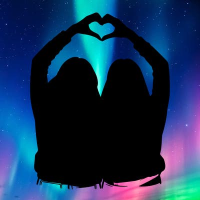 two friends with their backs turned and their hands in a heart realistic