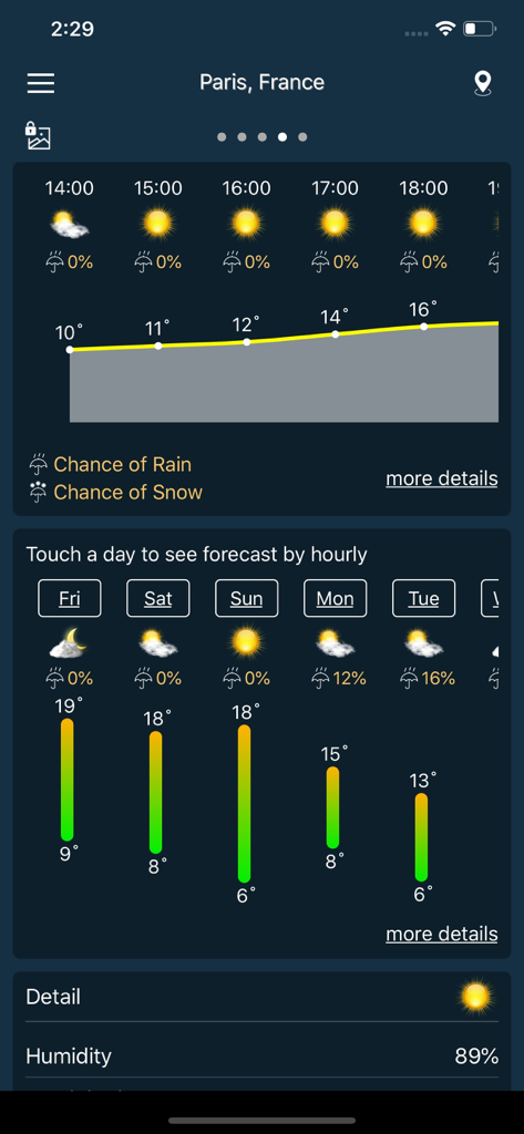 Interface of Weather forecast Pro app showing hourly and weekly weather data for Paris