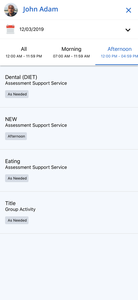 Resident care schedule dashboard in the iCareManager app showing afternoon tasks for a client named John Adam.