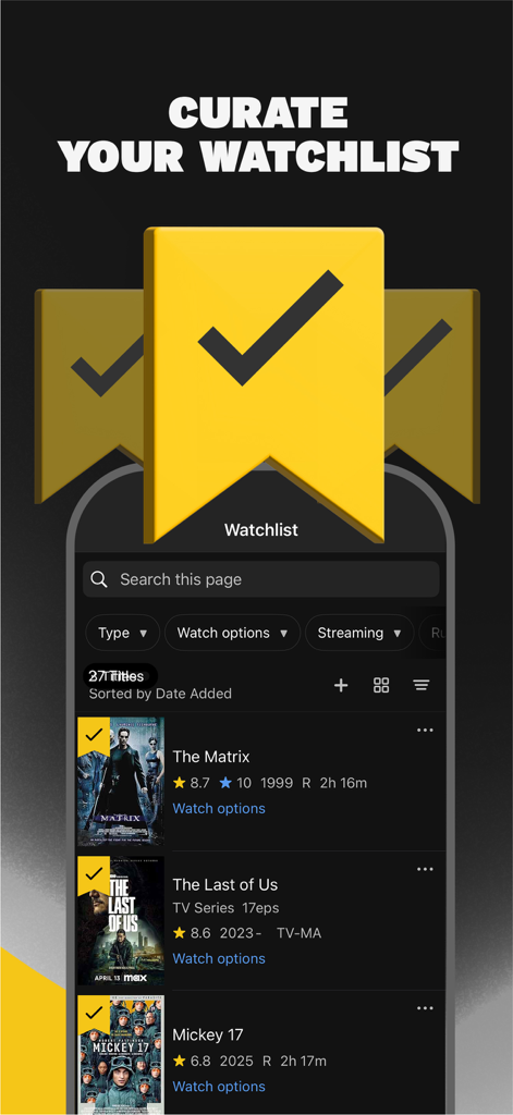 IMDb: Movies & TV Shows - IMDb app interface showing the curate your watchlist feature with a list of movies and TV shows