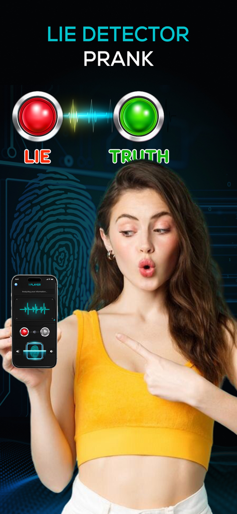 Mujer joven señalando la pantalla de un teléfono que muestra una broma de detector de mentiras con opciones de verdad y mentira
