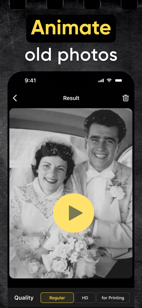 Yore: AI Restore Old Photos - The Yore app interface showing a vintage wedding photo with a play button to animate it