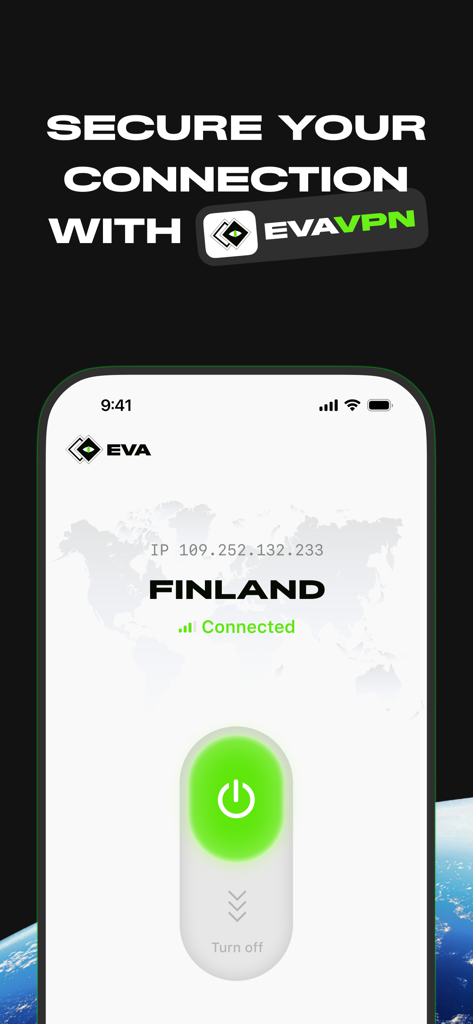 EVA VPN - Universal Proxy - EVA VPN app interface showing a connected status to a Finland server with a large green power button