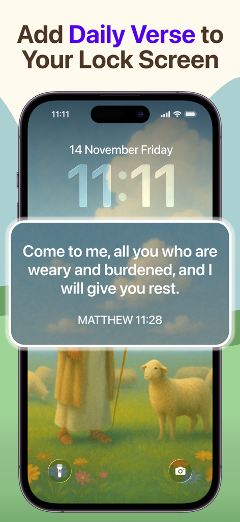 Biblical: Bible Chat & Widget - iPhone lock screen displaying a daily Bible verse widget with a serene illustration of a shepherd