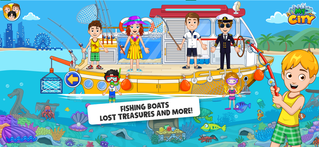 Characters fishing on a yellow boat with an underwater treasure chest view