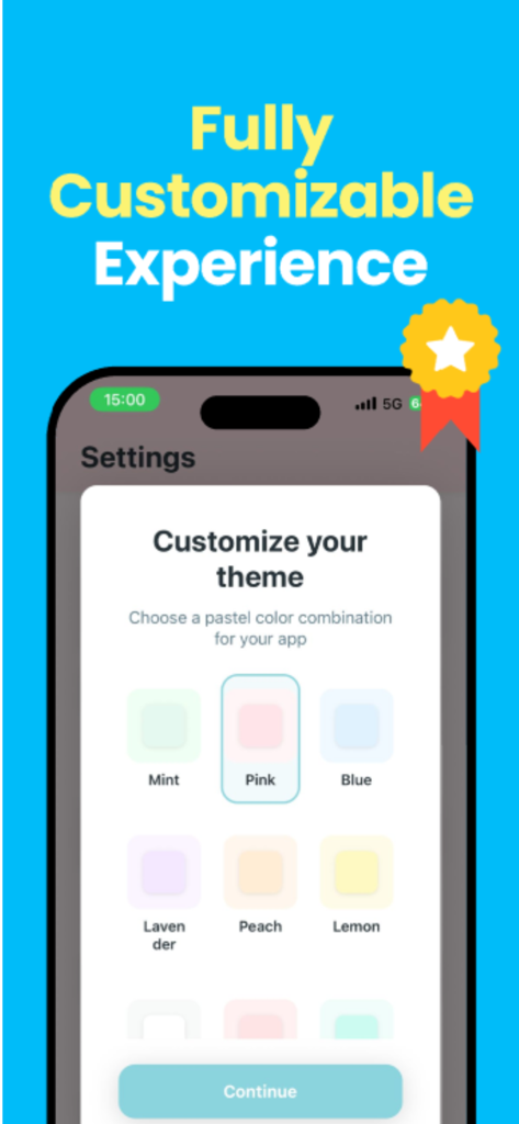 Configuración del tema de la aplicación Flowfy que muestra varias opciones de color pastel para una experiencia de seguimiento de presupuesto personalizada