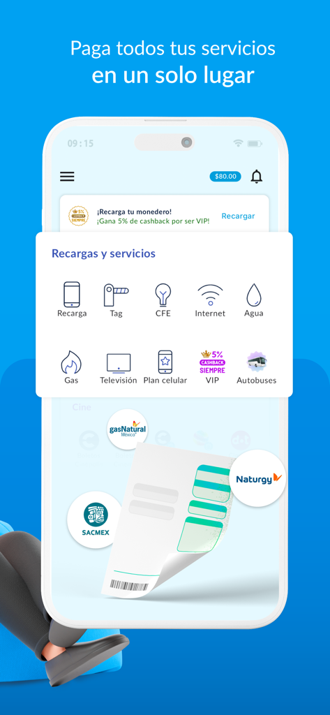Interface do aplicativo móvel UnDosTres mostrando ícones para pagamento de serviços públicos e recargas de celular no México