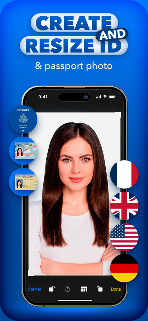 A woman's portrait on a smartphone screen using Cutout Pro to create and resize passport and ID photos for various countries