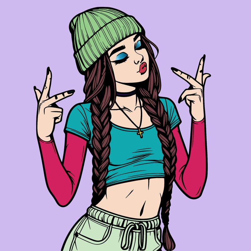 realistic teenage girl with braids and a beanie and crop top doing 🫶🏼
