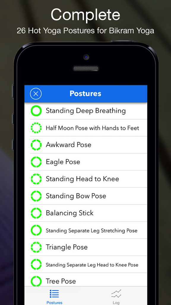A list of 26 Bikram yoga postures shown on a mobile app interface