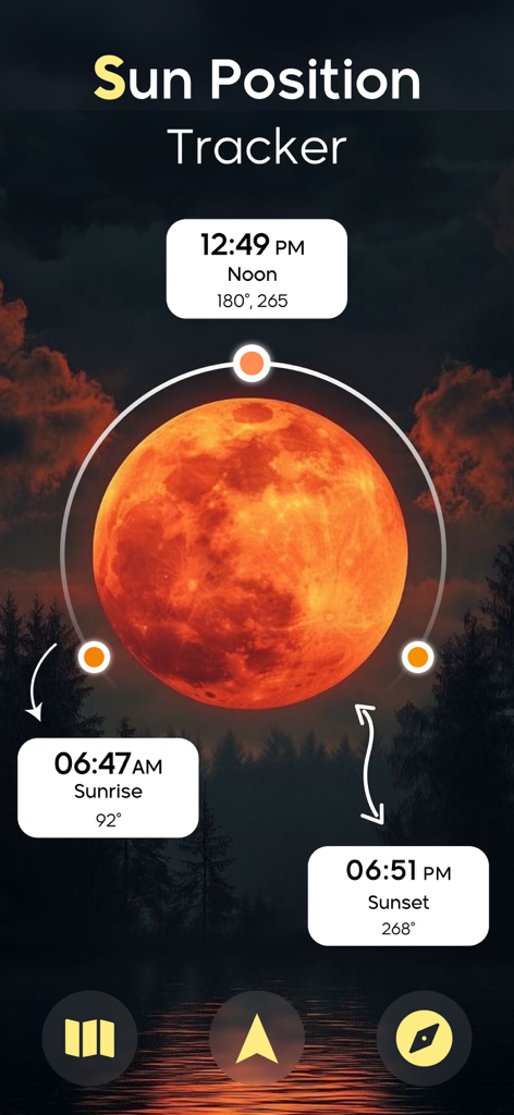 Interfaccia dell'app Moon Finder che mostra il tracciatore della posizione del sole con orari specifici per alba, mezzogiorno e tramonto su una silhouette di una foresta