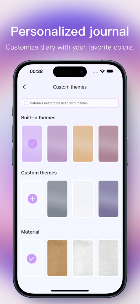 Custom theme and material selection screen in the Shine diary app.