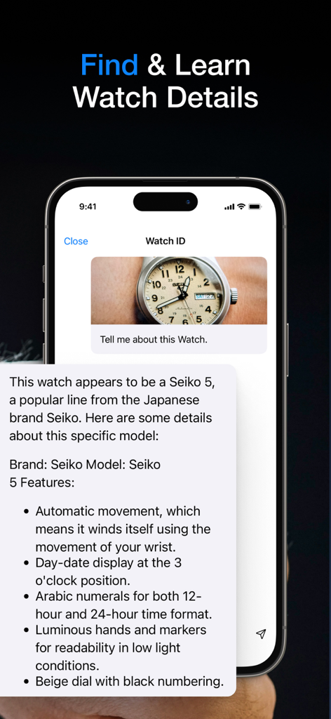 Watch ID - Identify & Value - Watch ID app interface identifying a Seiko 5 watch and displaying detailed features such as movement and dial type