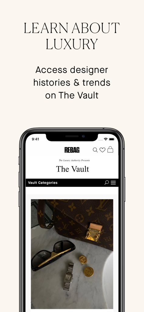Rebag - Pantalla de la aplicación Rebag que muestra educación sobre el lujo y tendencias de diseño en The Vault