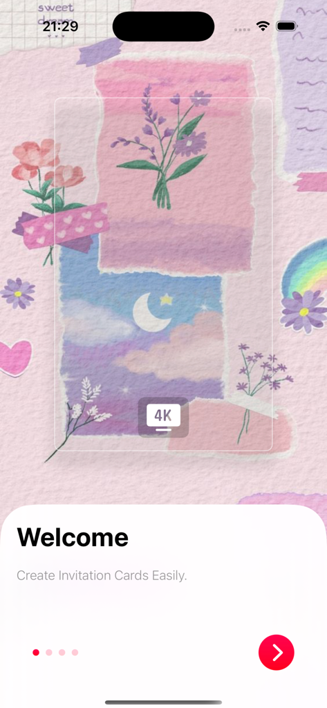 DIY Flower Language card - Welcome screen of DIY Flower Language card app with aesthetic pink floral scrapbooking background