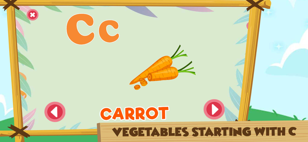 Pantalla educativa para niños que muestra la letra C y una ilustración de una zanahoria