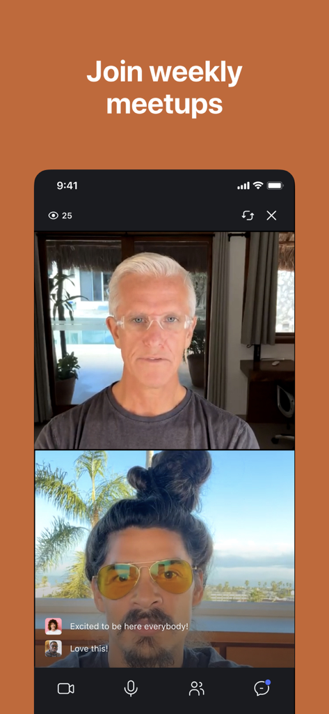 Human Garage - A screenshot of the Human Garage app showing a live weekly meetup video call with two participants and a live community chat.