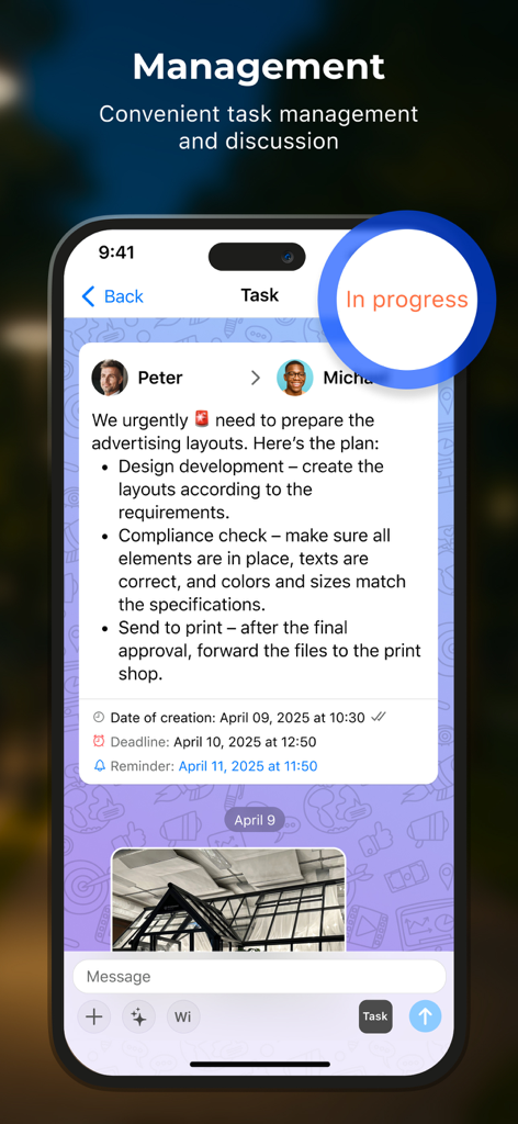 Pantalla de gestión de tareas en la aplicación Windi Messenger mostrando un plan de proyecto con subtareas, fechas límite y estado