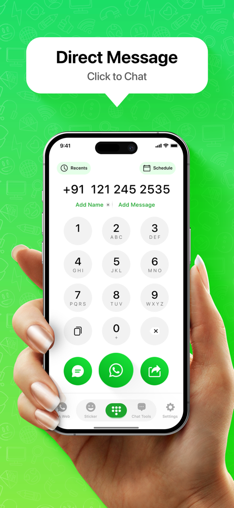 Direct Message Click to Chat - Pantalla del iPhone que muestra el marcador de la aplicación Mensaje Directo para enviar mensajes de WhatsApp sin guardar contactos
