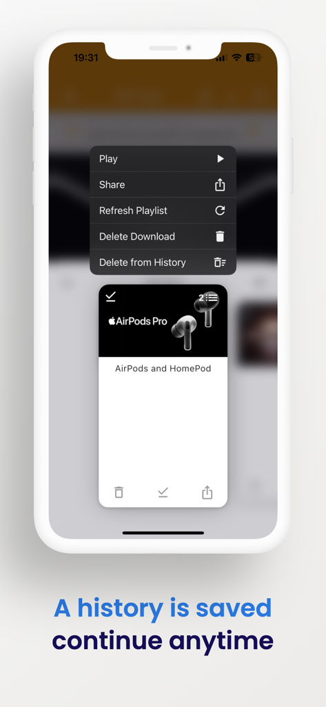 Screenshot of the app history screen showing saved videos and management options
