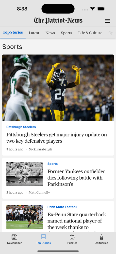 Screenshot of The Patriot-News app sports section featuring local and regional news stories about the Pittsburgh Steelers and Penn State football.