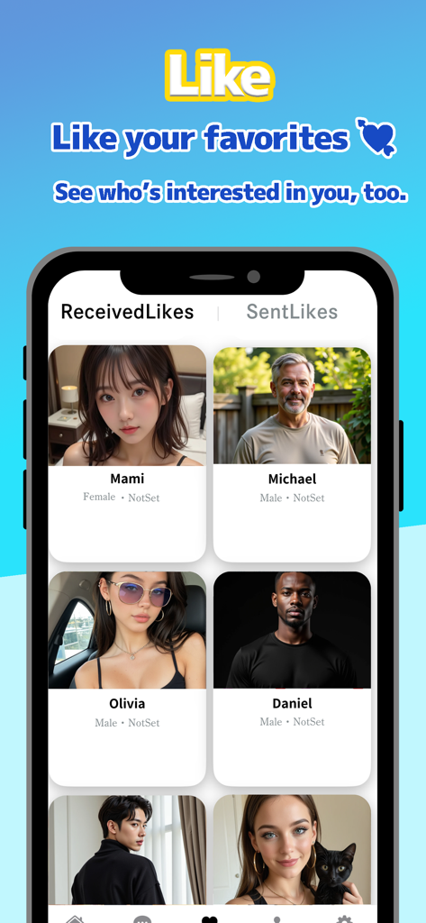 BAMEL Swipe & Live Video Chat - BAMEL 모바일 앱 화면, 사용자 프로필 사진과 함께 받은 좋아요 목록 표시.