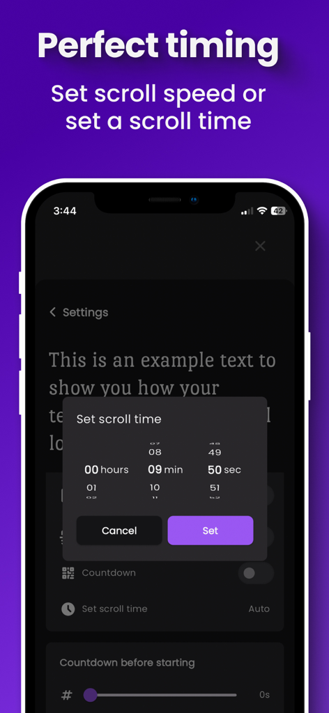 Interface para definir o tempo e a velocidade de rolagem do roteiro no aplicativo Teleprompter para Criador de Vídeo.