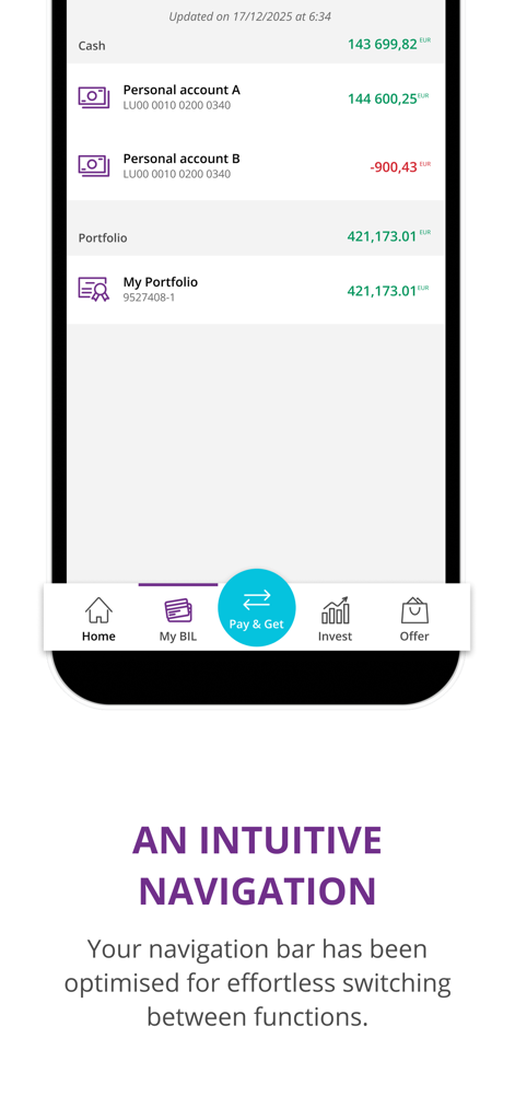 Captura de pantalla de la aplicación de banca móvil BILnet que muestra los saldos de cuentas personales y una barra de navegación inferior intuitiva.