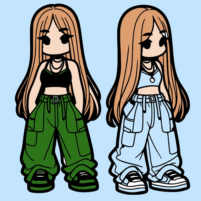 girl in baggy pants crop top and long hair