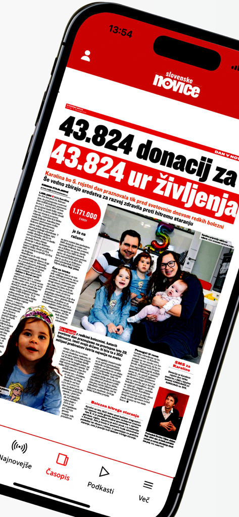 Slovenske novice - App Slovenske novice che mostra un articolo di notizie sloveno con un ritratto di famiglia e un titolo di raccolta fondi