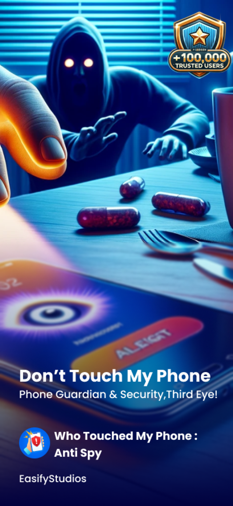 A shadowy figure reaching for a smartphone that displays a security alert and eye icon on the screen