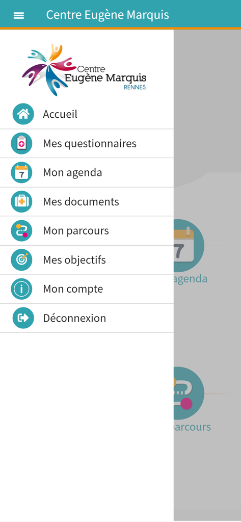 CEM@santé - Navigation menu of the CEM@santé mobile app showing patient portal options like agenda documents and medical journey