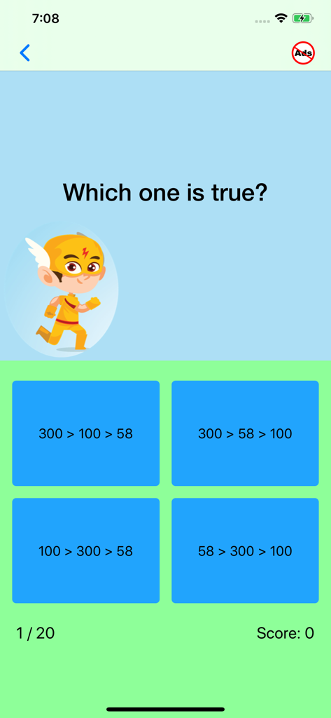 A math quiz screen for third graders asking to identify the true inequality among four multiple choice options.
