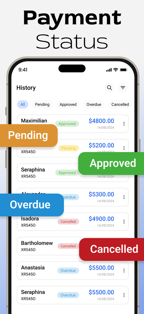 Mobile app screen showing a list of invoices with color-coded statuses like pending, approved, overdue, and cancelled